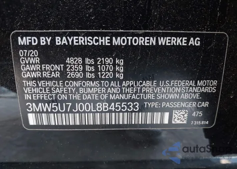 2020 BMW 3 Series M340I z USA, uszkodzony, nr VIN 3MW5U7J00L8B45533